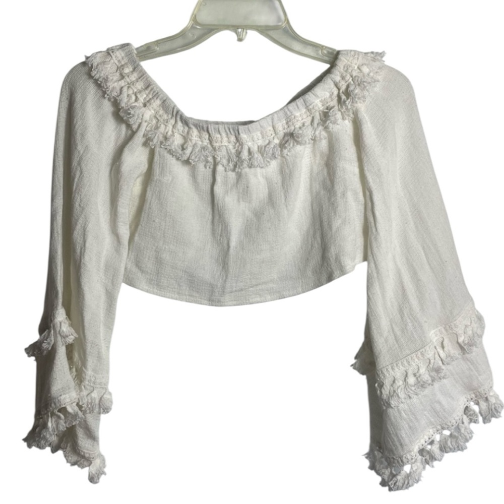 Off White Off Shoulder Boho Crop Halle Lu Top Bell Sleeve Festival Fringe Small